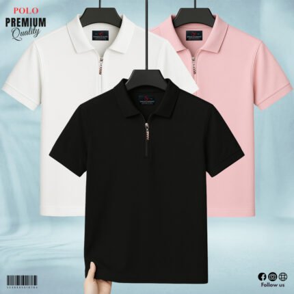 ZIP NECK POLO SHIRT - Black, White & Solid Pink